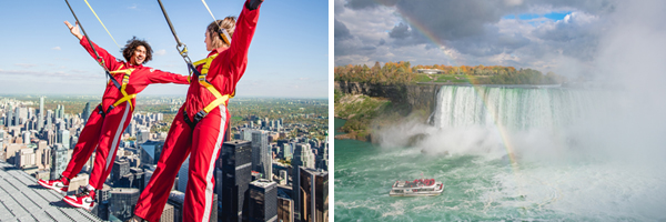 (Left) EdgeWalk, Toronto | CN Tower  (Right) Niagara City Cruises | Niagara Falls Tourism