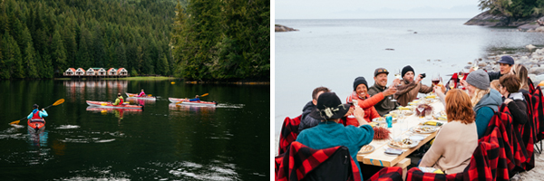 (Left) Kayaking the channels | Nimmo Bay Resort/Jeremy Koreski  (Right) Coastal Dining | Nimmo Bay Resort/Jeremy Koreski